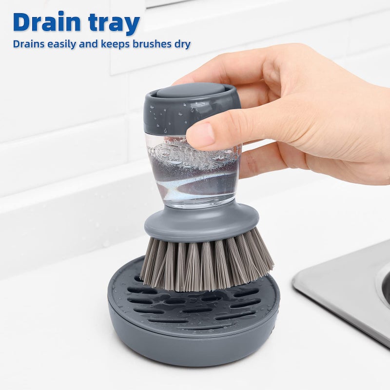 SUBEKYU Dish Brush with Soap Dispenser  Kitchen Dish Scrubbers Set with Draining Tray for Washing Dishes/Pots  Grey  Set of 2 - Image 3